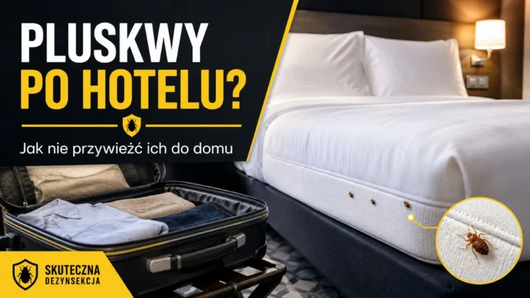 Pluskwy po hotelu – walizka i łóżko hotelowe z oznaczeniem ryzyka przeniesienia owadów