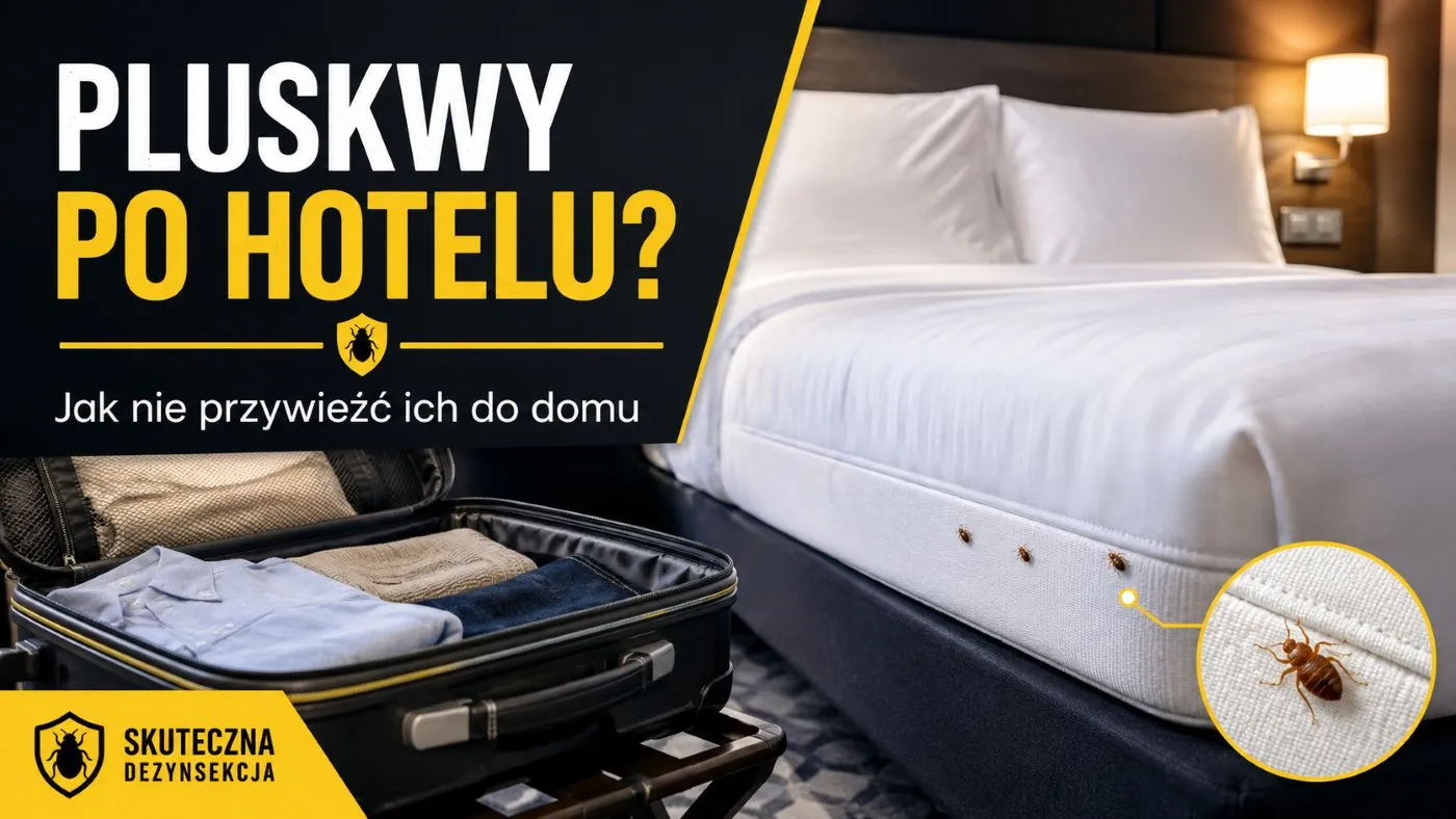 Pluskwy po hotelu – walizka i łóżko hotelowe z oznaczeniem ryzyka przeniesienia owadów