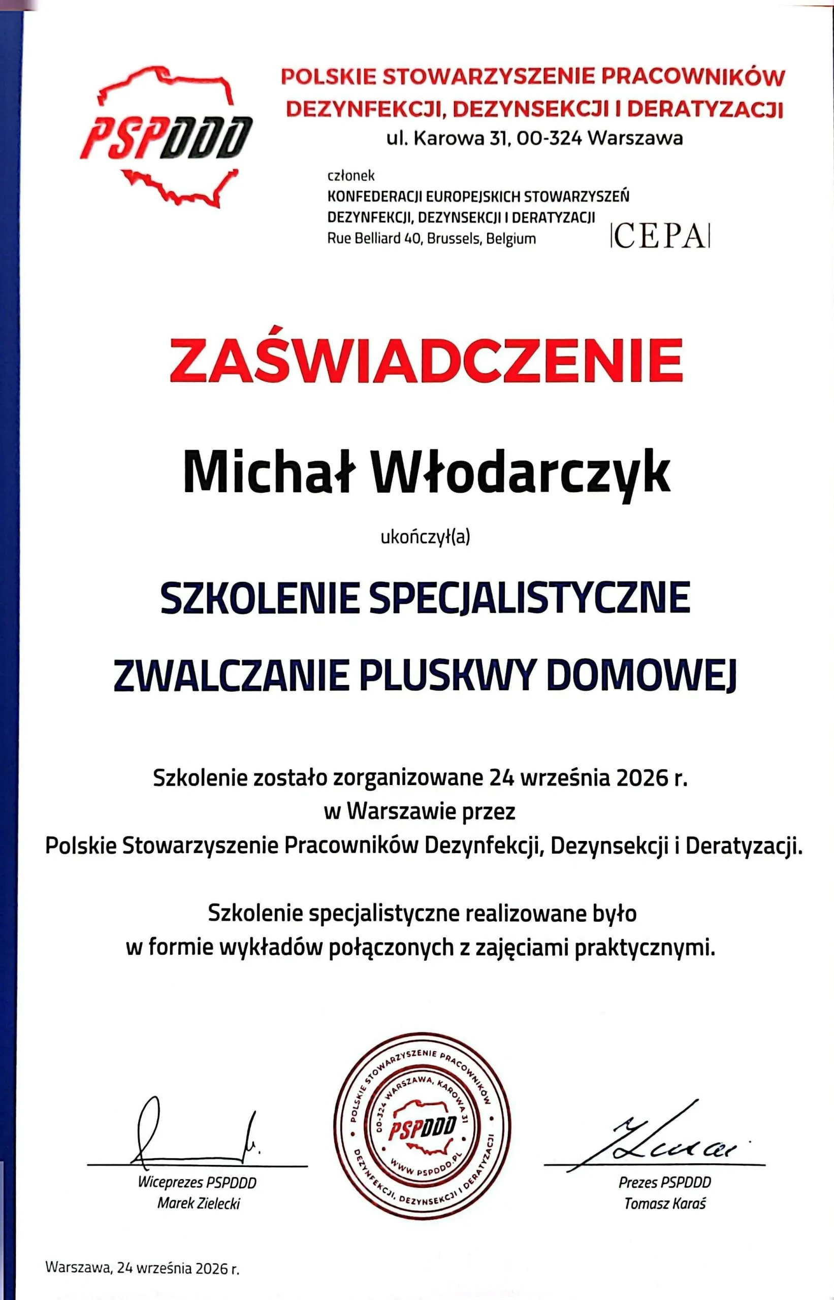 Certyfikat Michał Włodarczyk ze szkolenia specjalistycznego ze zwalczania pluskwy domowej